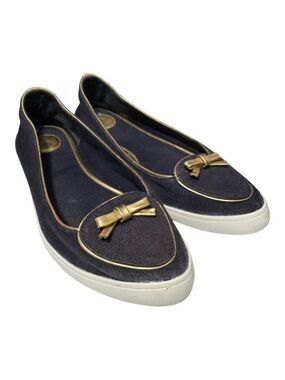 TORY BURCH Women's Dakota Canvas Ballet Slip-On Shoes - Navy Blue/ Gold Bow Sz 9